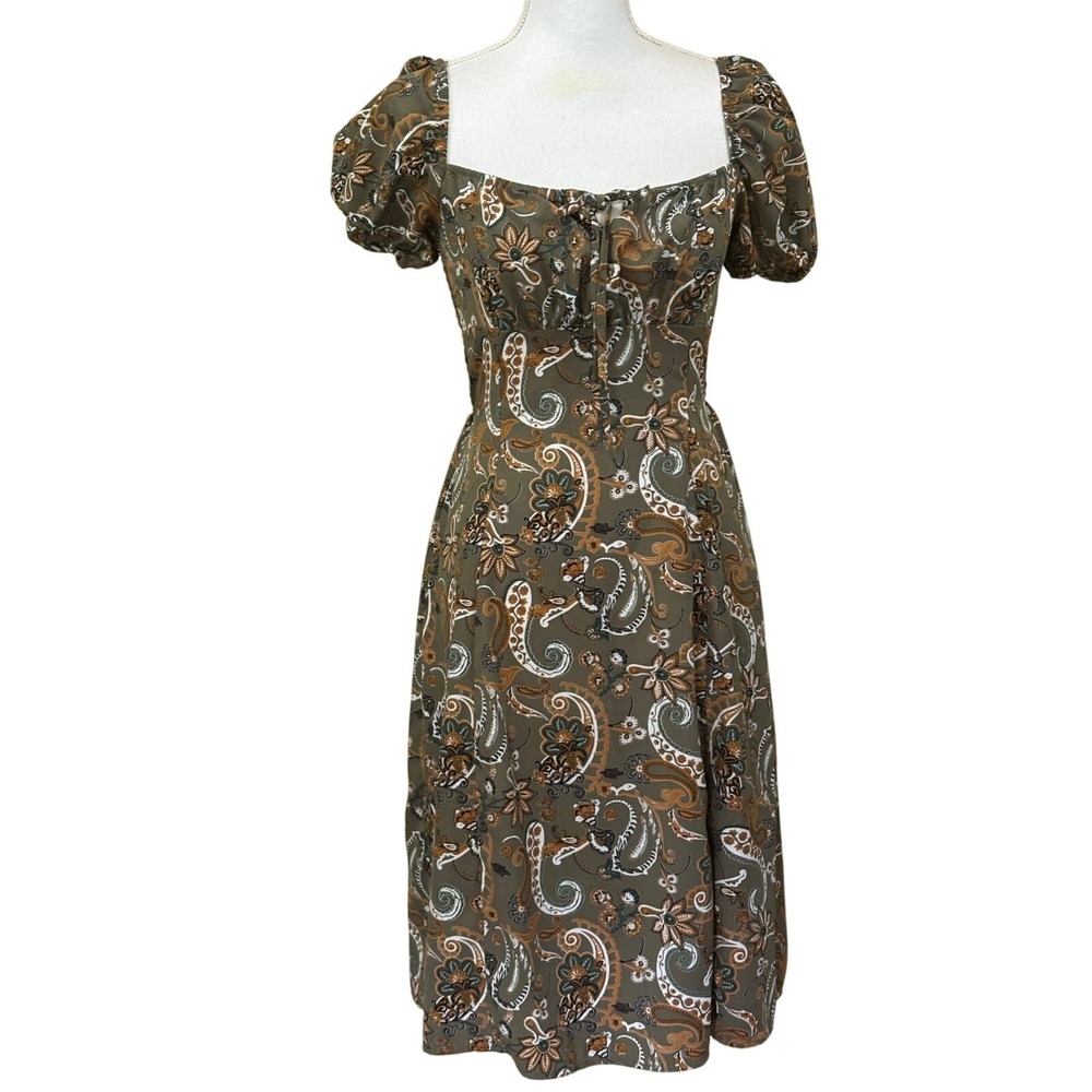 Dizzy Lizzy Olive Green Paisley Smocked Midi Dress Medium, milkmaid, soft grunge